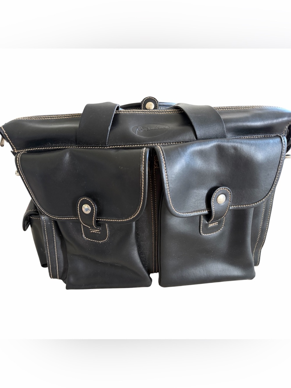 Barantani Shiny Leather Messenger Bag Laptop Attaché with Front Pockets